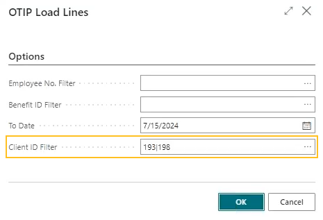 OTIP Load Lines page Client ID Filter field