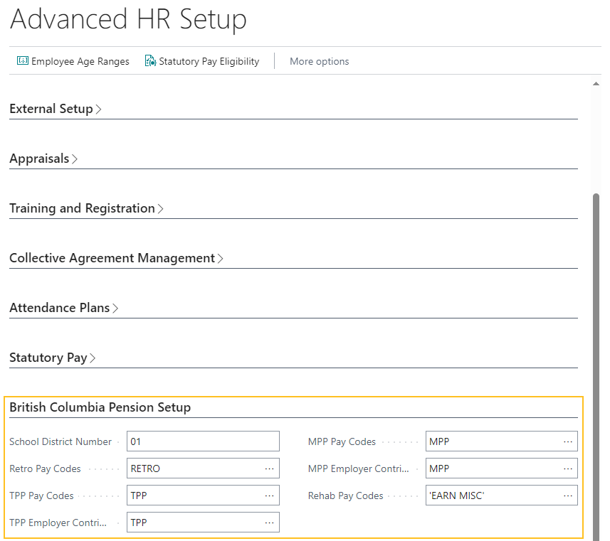 Advanced HR Setup page British Columbia Pension Setup FastTab