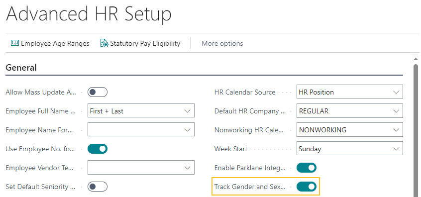 Advanced HR Setup page Track Gender and Sex Classification field