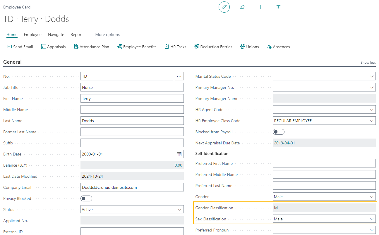 Employee Card page Gender Classification and Sex Classification fields