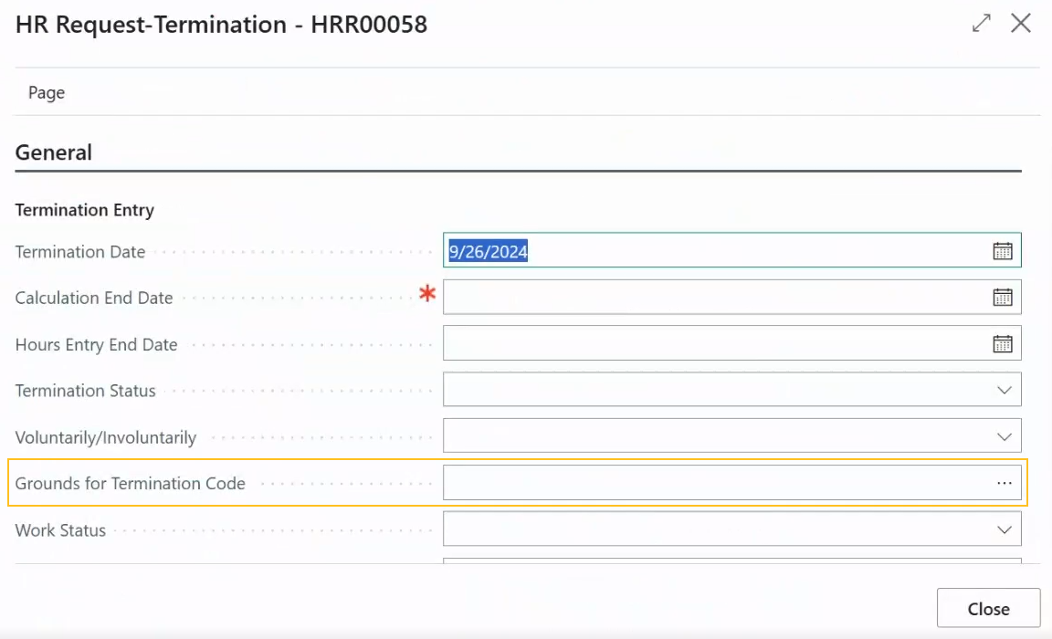 HR Request-Termination page Grounds for Termination Code field