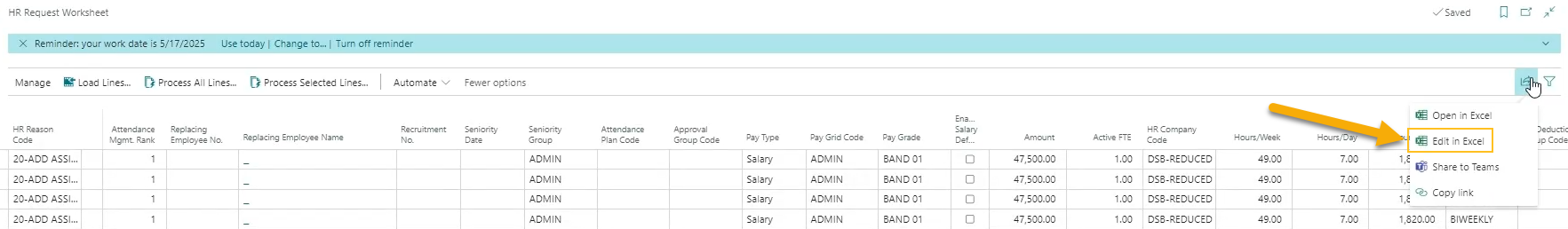 HR Request Worksheet page Edit in Excel