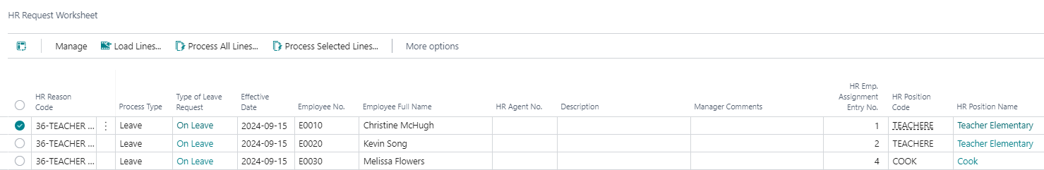 HR Request Worksheet page teacher on leave lines