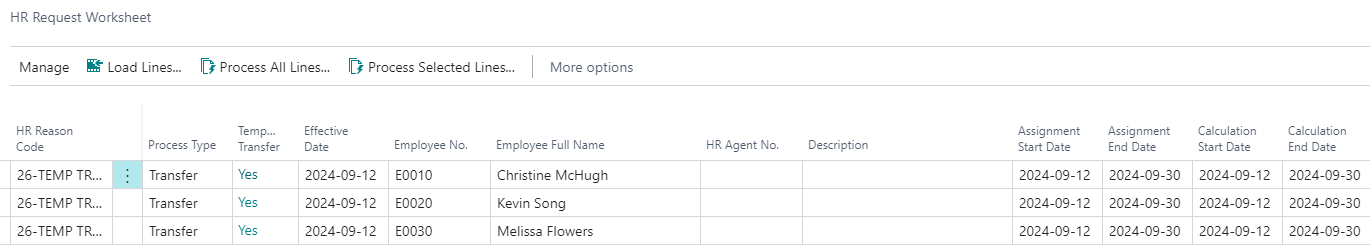 HR Request Worksheet page temporary assignment transfer lines