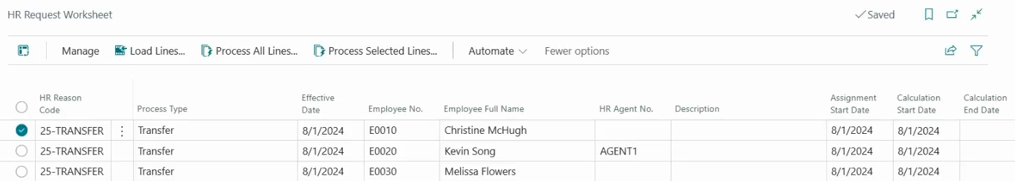 HR Request Worksheet page transfer lines