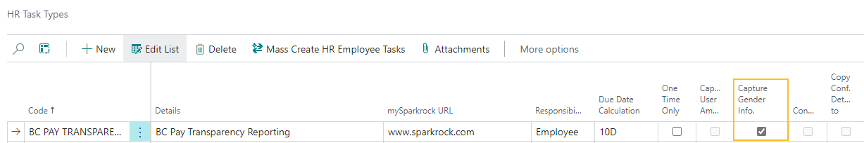 HR Task Types page Capture Gender Info. field