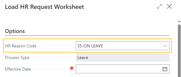 Load HR Request Worksheet page HR reason code 35-ON LEAVE