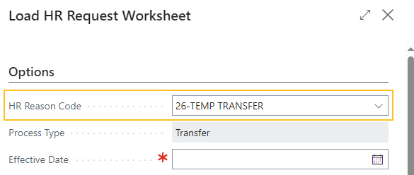 Load HR Request Worksheet page HR Reason Code of 26-TEMP TRANSFER