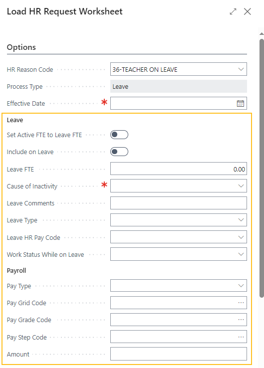 Load HR Request Worksheet page teacher on leave Leave and Payroll sections