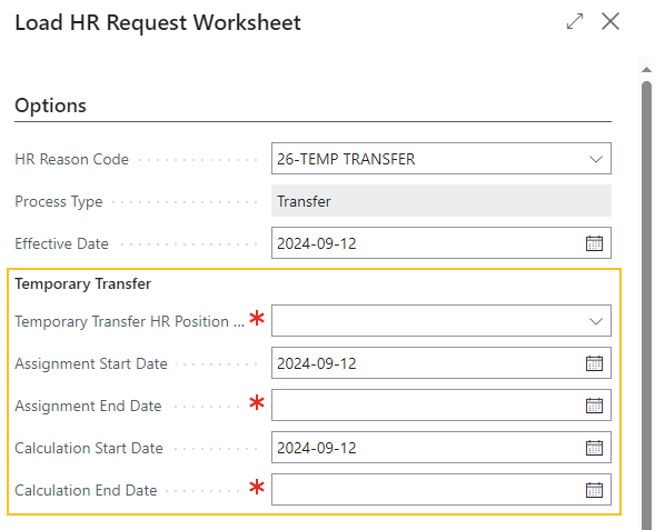 Load HR Request Worksheet page Transfer section