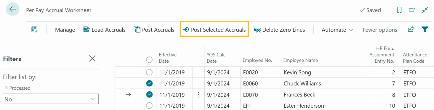 Per Pay Accrual Worksheet page Post Selected Accruals action