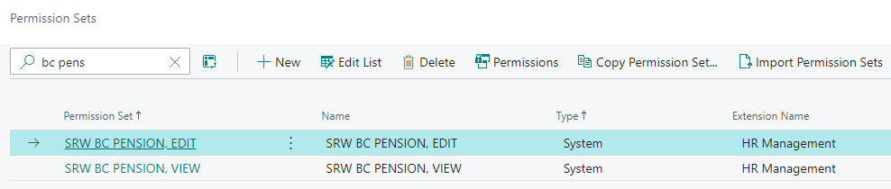 Permission Sets page British Columbia Pension permissions