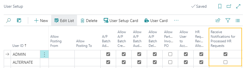 User Setup page Receive Notifications for Processed HR Requests field