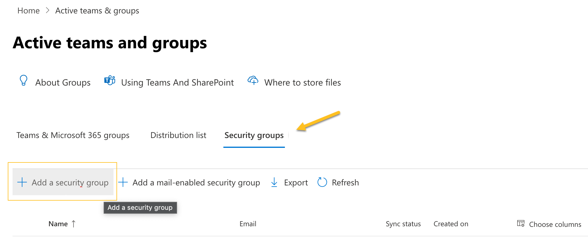 Active teams and groups page Add a Security group action