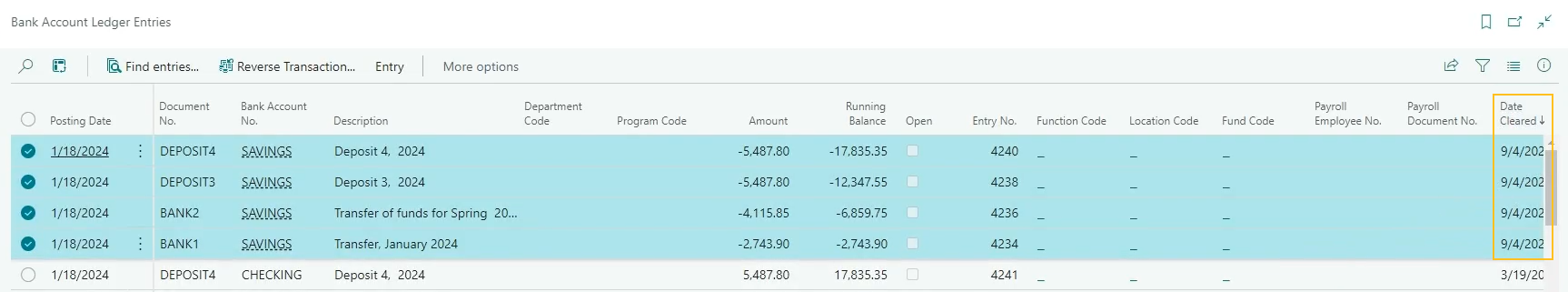 Bank Account Ledger Entries page Date Cleared example