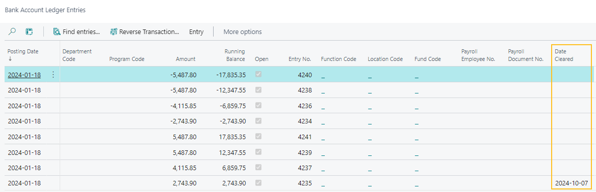 Bank Account Ledger Entries page Date Cleared field