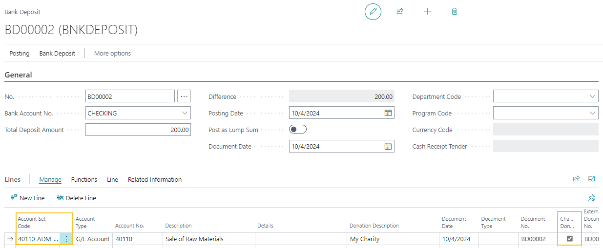 Bank Deposit page Account Set Code and Charitable Donation fields