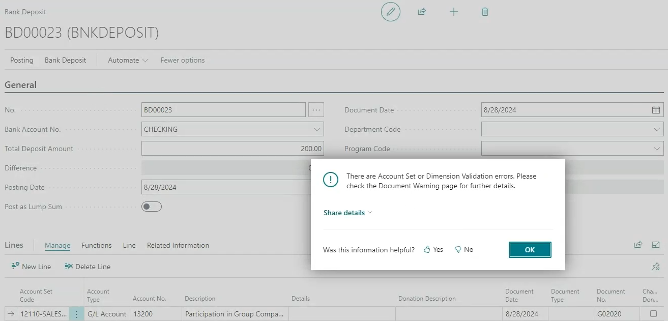 Bank Deposit page dimension validation setup error example