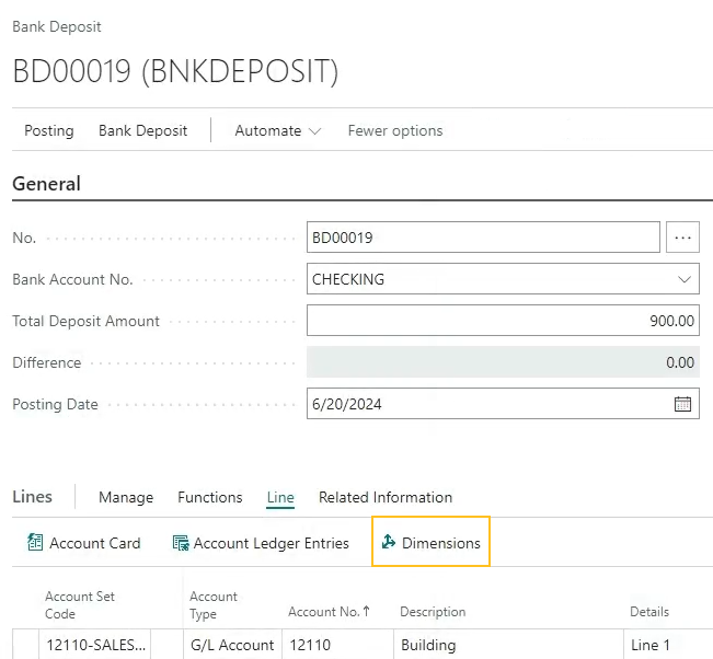 Bank Deposit page Dimension action