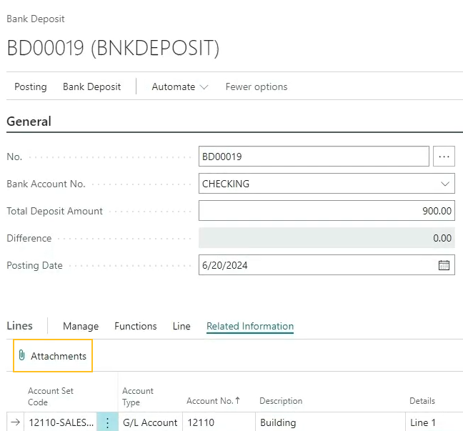 Bank Deposit page Lines FastTab Attachments action