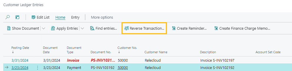 Customer Ledger Entries page Reverse Transaction action