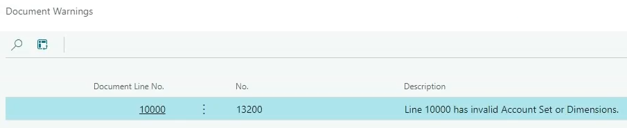 Document Warnings page invalid account set or dimension error example