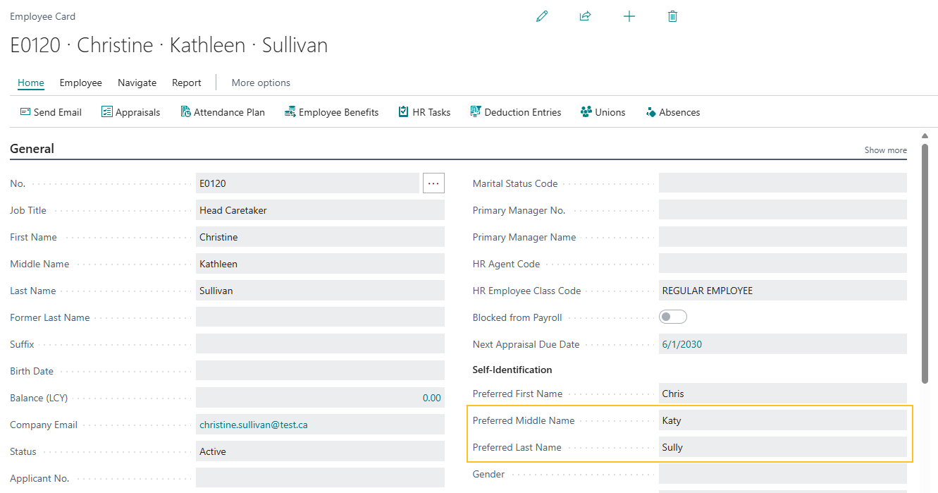 Employee Card page Preferred Middle Name and Preferred Last Name fields