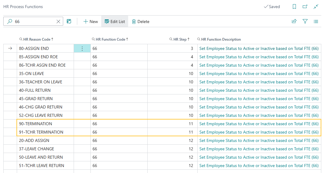 HR Process Functions page HR function code 66