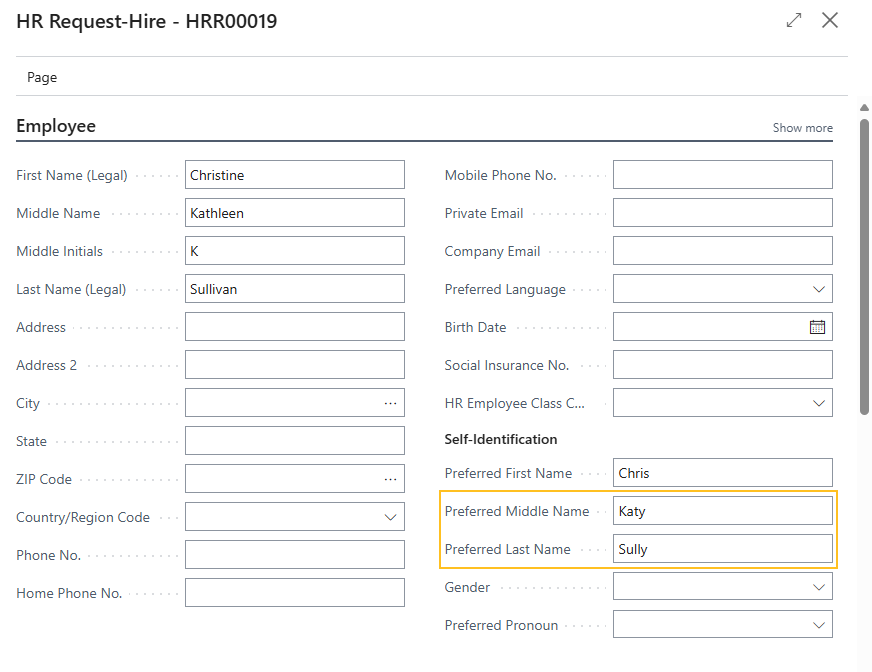 HR Request-Hire page Preferred Middle Name and Preferred Last Name fields