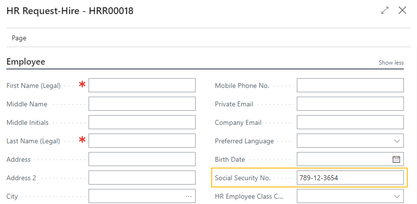 HR Request Hire page Social Security No. field