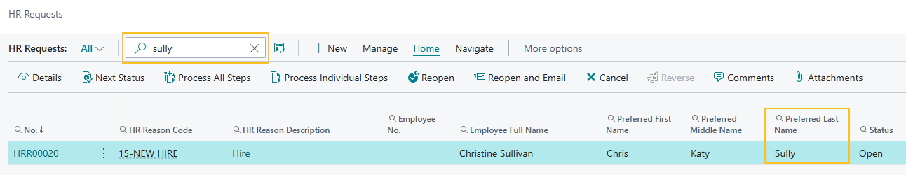 HR Requests page search for Preferred Last Name