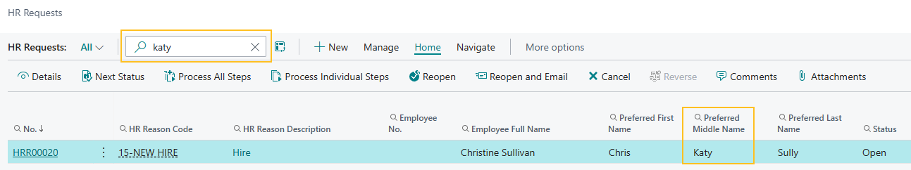 HR Requests page search for Preferred Middle Name