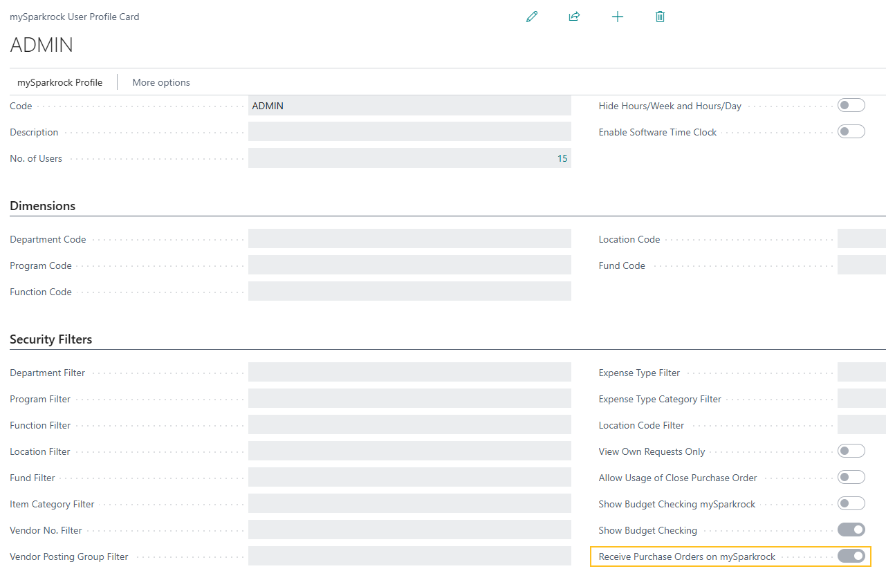 mySparkrock User Profile Card page Receive Purchase Orders on mySparkrock field