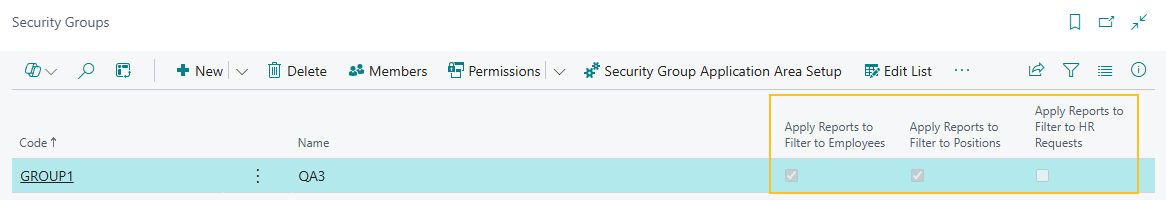 Security Groups page Apply Reports to Filter to Employees, Apply Reports to Filter to Positions, Apply Reports to Filter to HR Requests