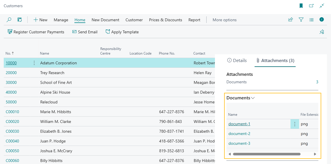 Customers page Documents FactBox