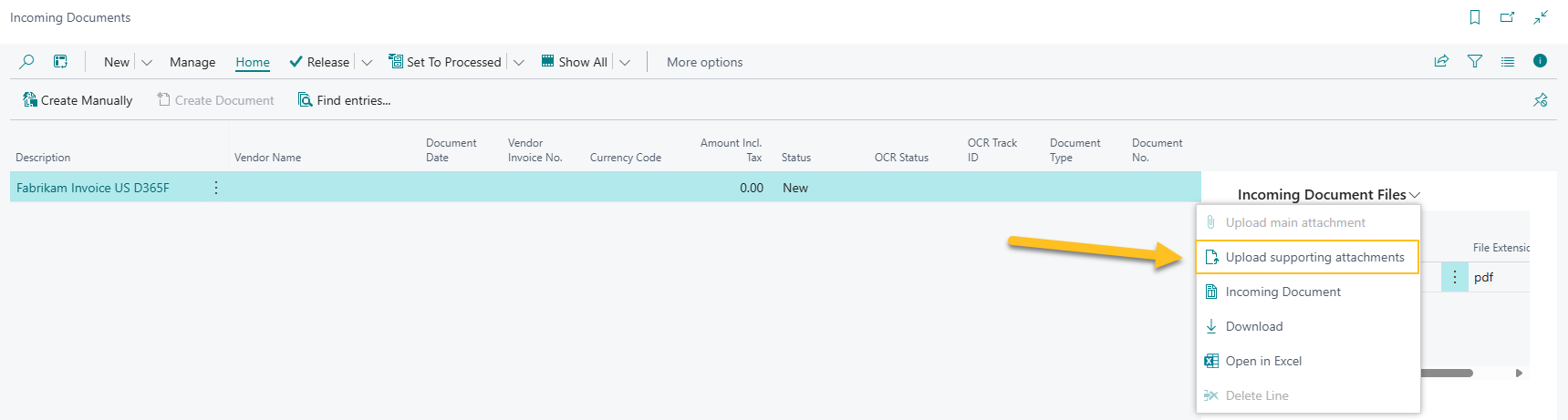 Incoming Documents page Upload supporting attachments action