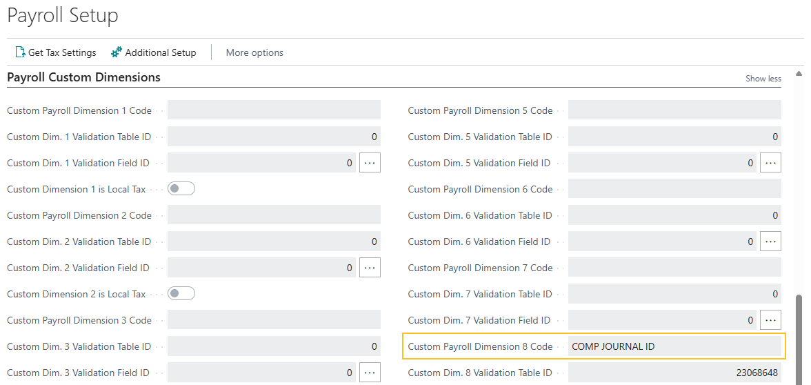 Payroll Setup page Custom Payroll Dimension 8 Code field
