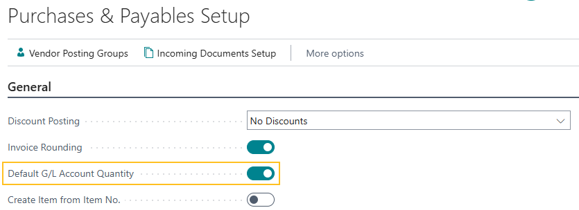 Purchases & Payables Setup page Default G/L Account Quantity