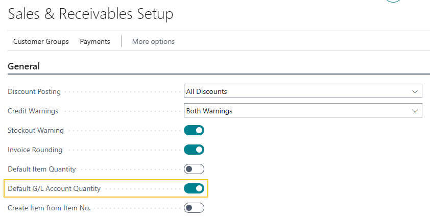 Sales & Receivables Setup page Default G/L Account Quantity