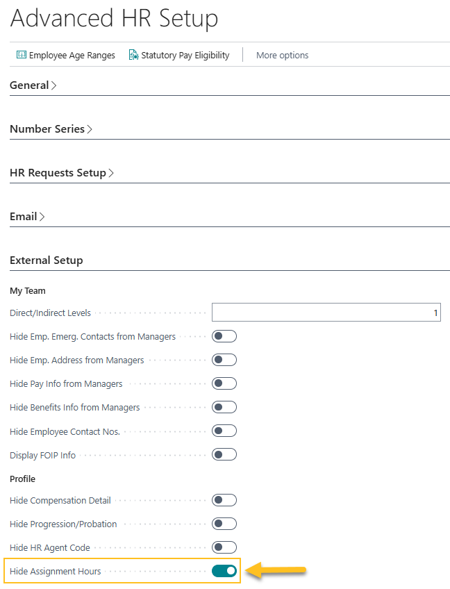 Advanced HR Setup page Hide Assignment Hours field