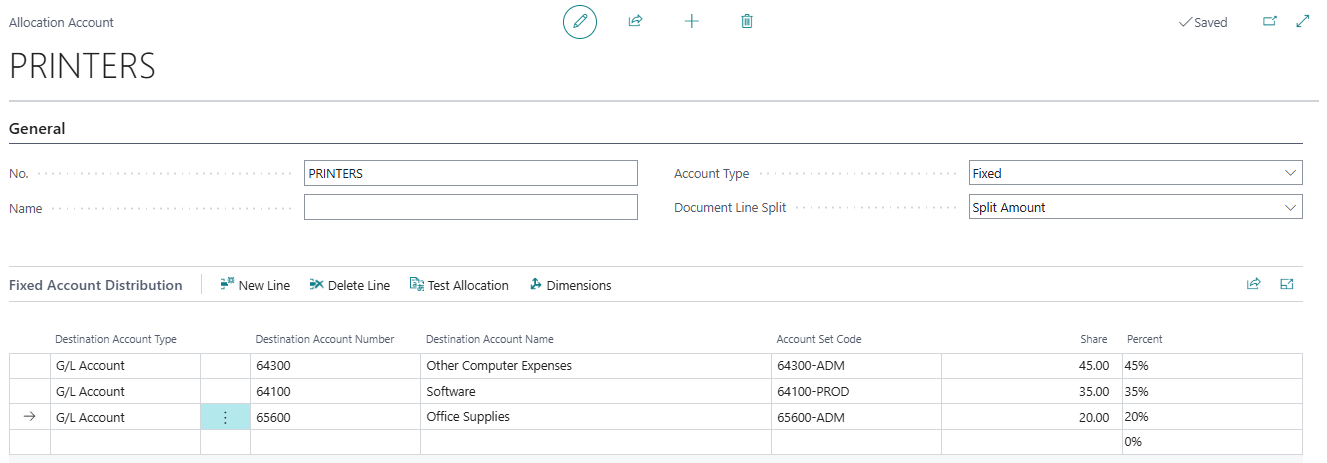 Allocation Account page Fixed example
