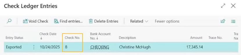 Check Ledger Entries page - Check No. field
