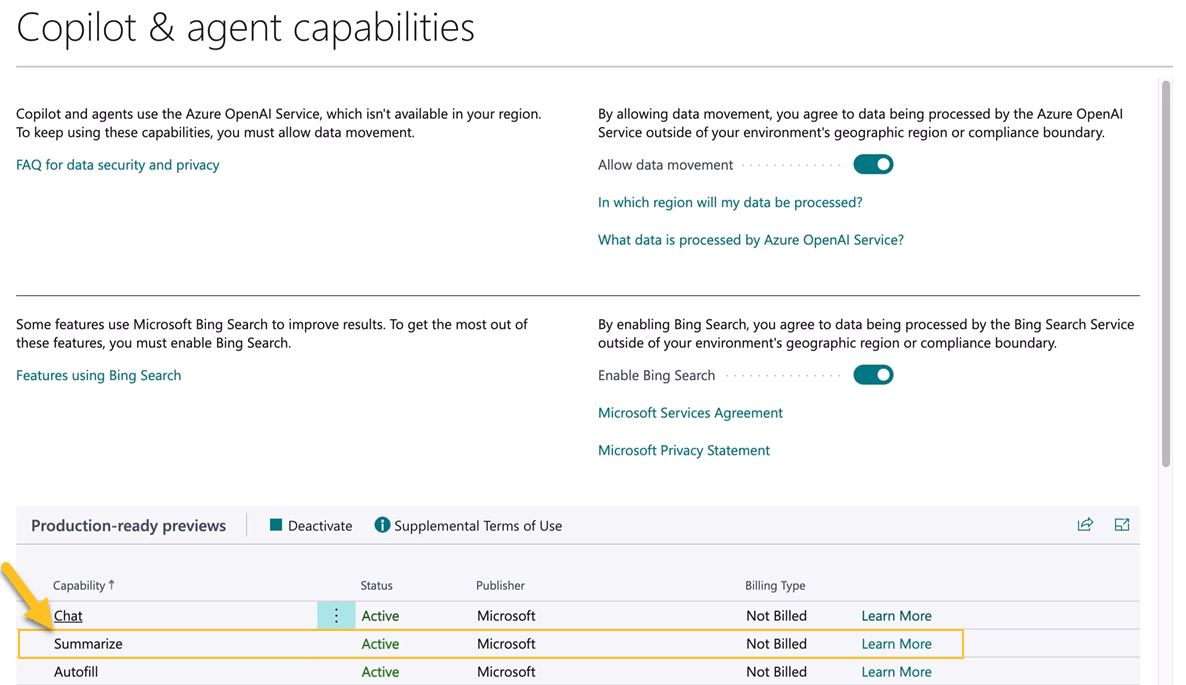 Copilot & agent capabilities page Summarize capability