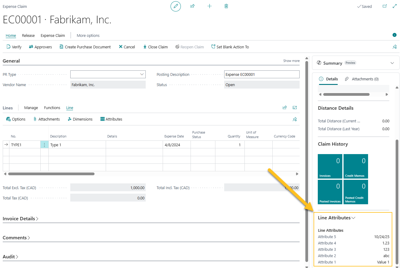 Expense Claim page - Line Attributes FactBox