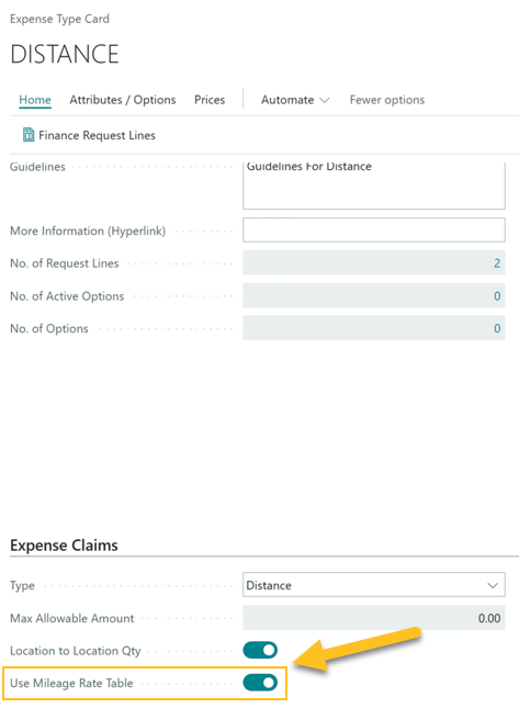 Expense Type Card page - Use Mileage Rate Table field