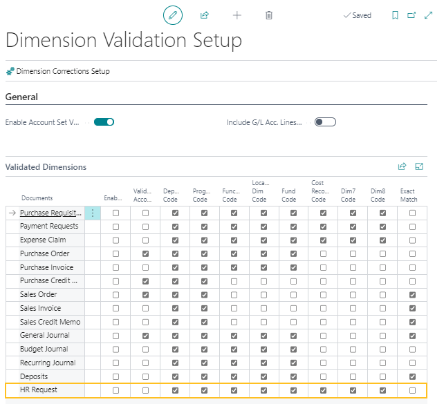 Dimension Validation Setup HR Request