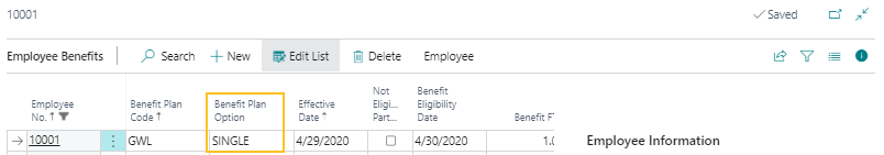 Employee Benefits page Benefit Plan Option field