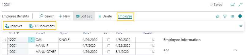 Employee Benefits page Employee actions