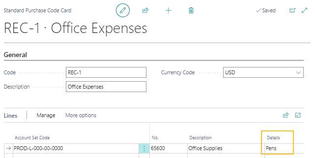 Standard Purchase Code Card Details field