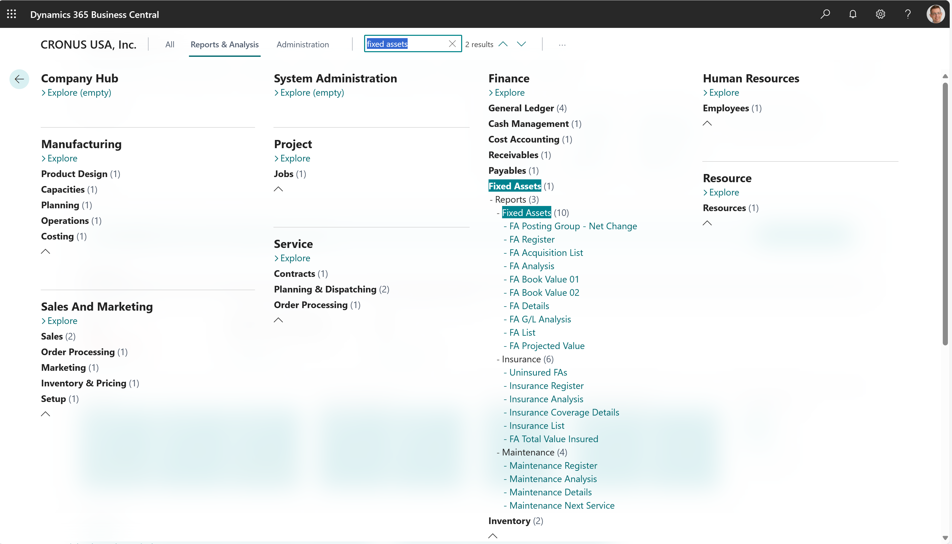 Example of reports on the finance role center